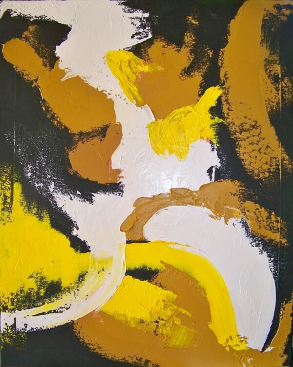 abstract painting in black, white, yellow and gold : new life 2,2mo entier huile 50x40cm .2020 marysecurinierrochette